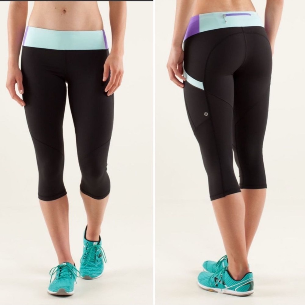 Lululemon Run Mod Moves Crop Black Aquamarine Power Purple size 6